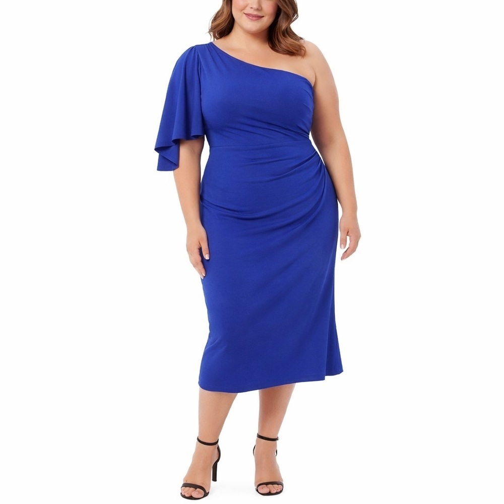 Marina Royal Blue One Shoulder Midi Dress 2X Draped Sleeve NWT